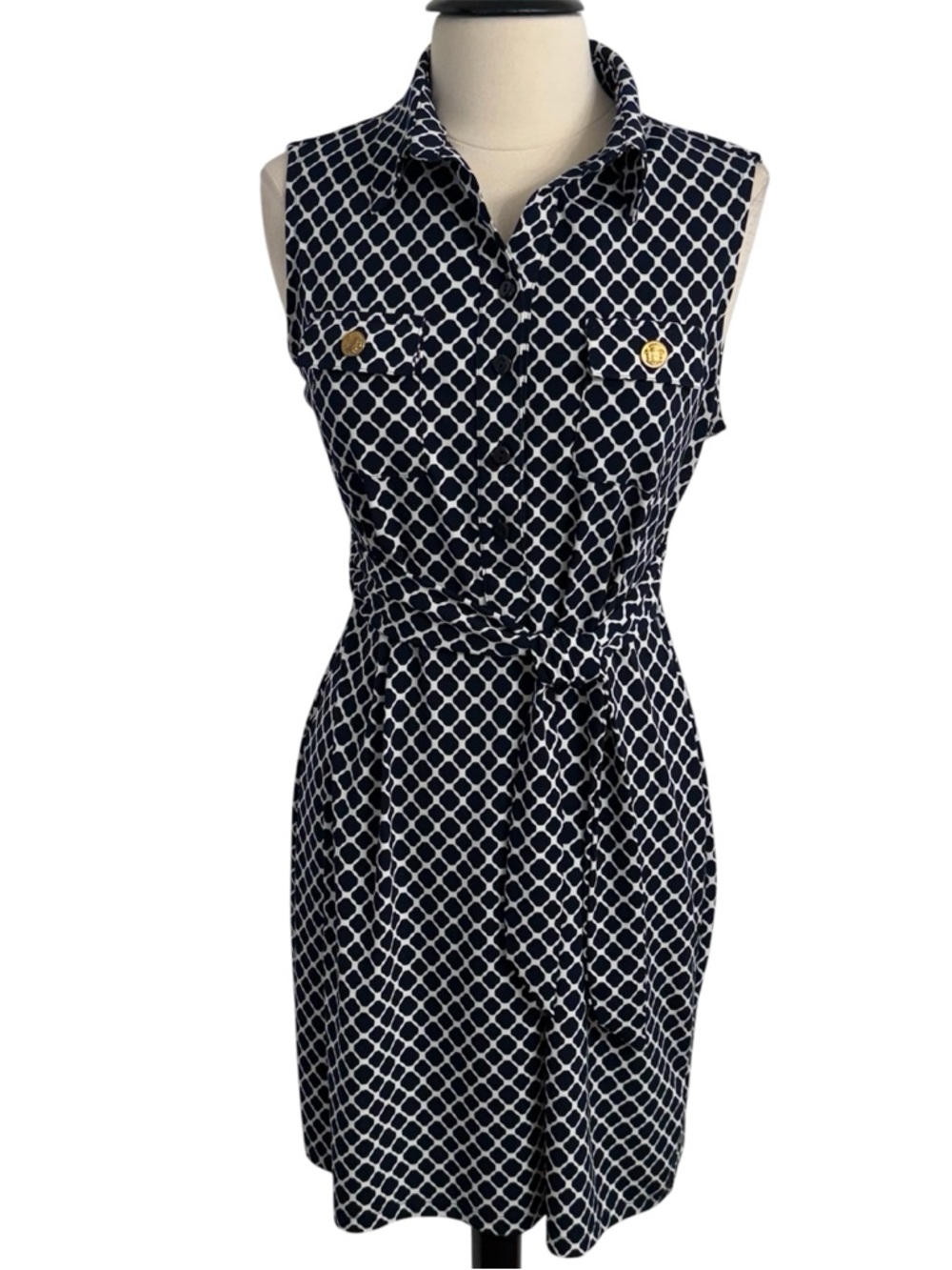 Enfocus Studio Women's Sleeveless Geometric Shirt Dress, Navy & White, Size 14